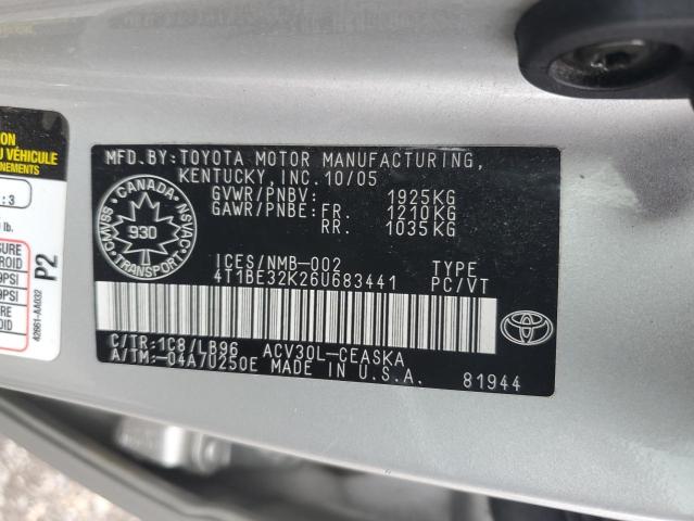 4T1BE32K26U683441 - 2006 TOYOTA CAMRY LE SILVER photo 12