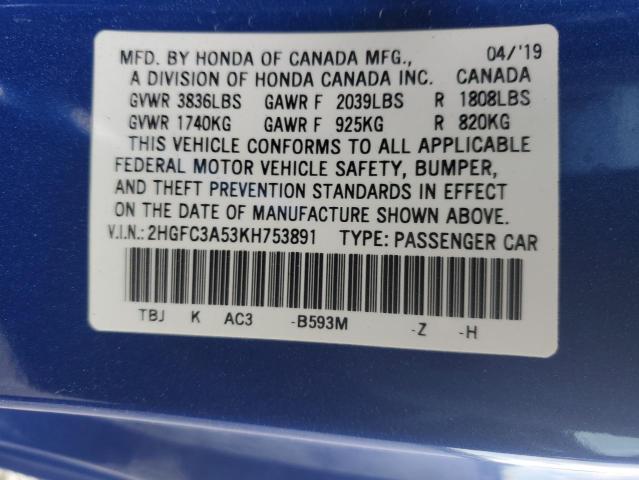 2HGFC3A53KH753891 - 2019 HONDA CIVIC SI BLUE photo 12