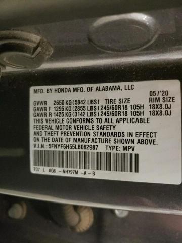 5FNYF6H55LB062987 - 2020 HONDA PILOT EXL GRAY photo 13