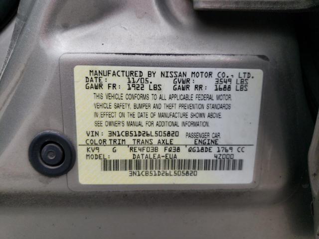 3N1CB51D26L505820 - 2006 NISSAN SENTRA 1.8 BEIGE photo 12