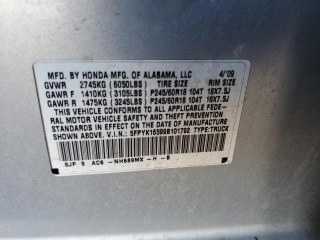 5FPYK16599B101792 - 2009 HONDA RIDGELINE RTL SILVER photo 12