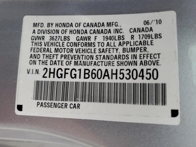 2HGFG1B60AH530450 - 2010 HONDA CIVIC LX SILVER photo 12