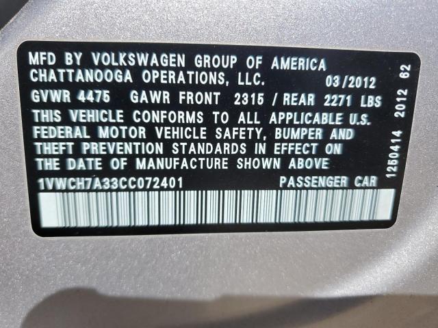 1VWCH7A33CC072401 - 2012 VOLKSWAGEN PASSAT SEL SILVER photo 12