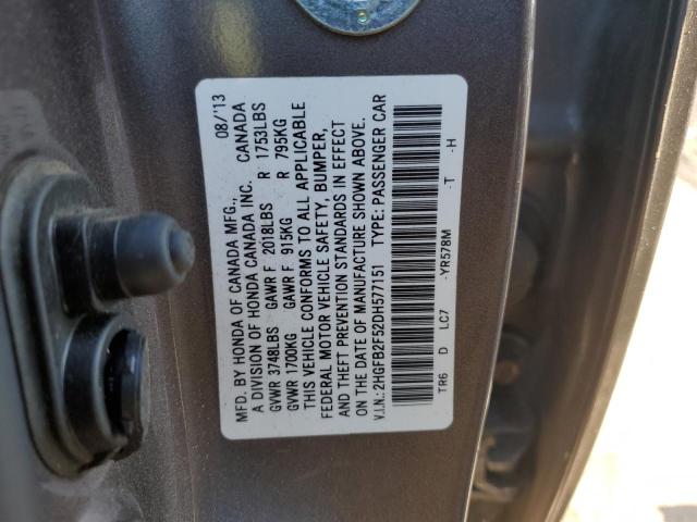 2HGFB2F52DH577151 - 2013 HONDA CIVIC LX GRAY photo 12