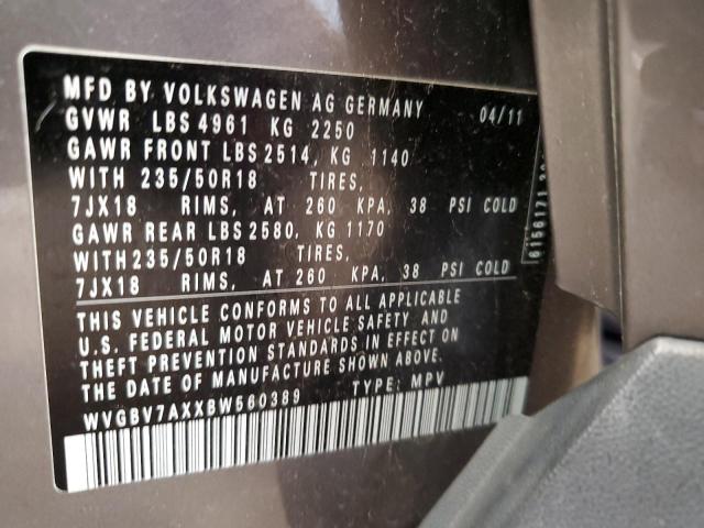 WVGBV7AXXBW560389 - 2011 VOLKSWAGEN TIGUAN S GRAY photo 12