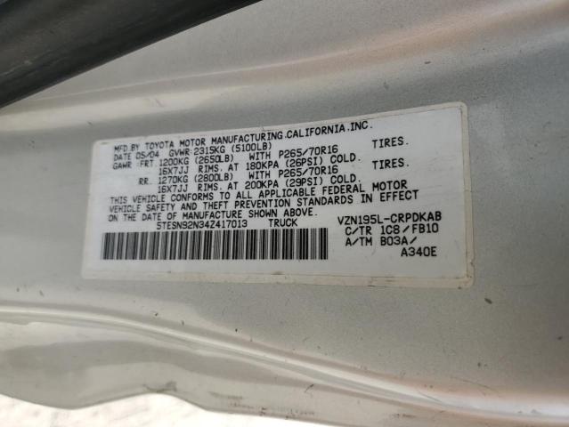 5TESN92N34Z417013 - 2004 TOYOTA TACOMA XTRACAB PRERUNNER ვერცხლისფერი ფოტო 13