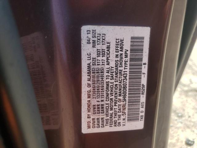 5FNRL5H60DB073431 - 2013 HONDA ODYSSEY EXL BURGUNDY photo 13