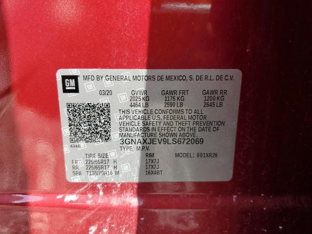 3GNAXJEV9LS672069 - 2020 CHEVROLET EQUINOX LT RED photo 12