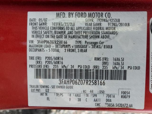 3FAHP06Z07R258166 - 2007 FORD FUSION S RED photo 13