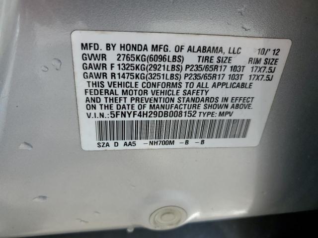 5FNYF4H29DB008152 - 2013 HONDA PILOT LX SILVER photo 13