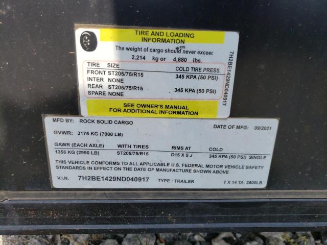 7H2BE1429ND040917 - 2022 UTILITY TRAILER შავი ფოტო 10