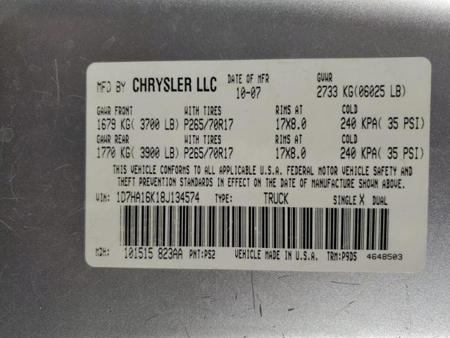 1D7HA16K18J134574 - 2008 DODGE RAM 1500 ST SILVER photo 12