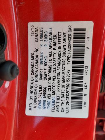 2HGFC2F75GH518579 - 2016 HONDA CIVIC EX RED photo 12