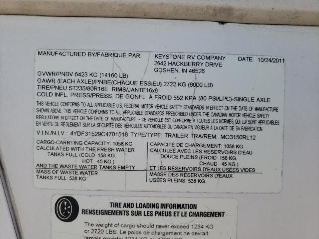 4YDF31529C4701518 - 2012 KEYSTONE MONTANA WHITE photo 10