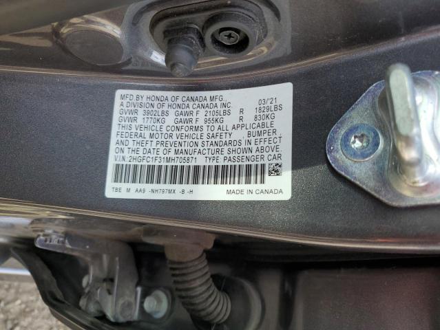 2HGFC1F31MH705871 - 2021 HONDA CIVIC EX GRAY photo 12