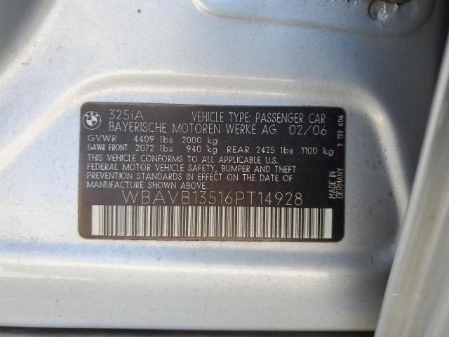 WBAVB13516PT14928 - 2006 BMW 325 I SILVER photo 12