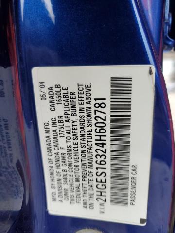 2HGES16324H602781 - 2004 HONDA CIVIC DX VP BLUE photo 12