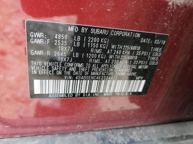 4S4BSENC4K3334435 - 2019 SUBARU OUTBACK 3.6R LIMITED RED photo 13