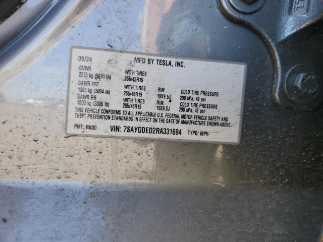 7SAYGDED2RA331694 - 2024 TESLA MODEL Y Արծաթագույն լուսանկար 13