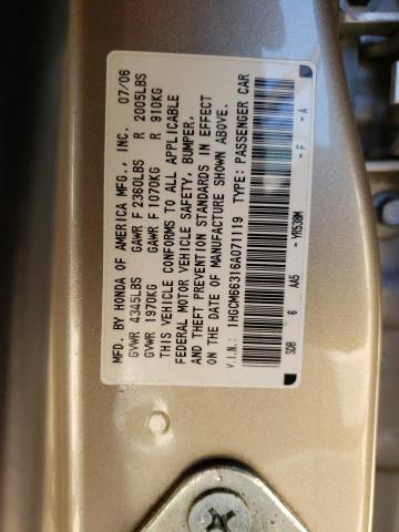 1HGCM66316A071119 - 2006 HONDA ACCORD LX GOLD photo 12