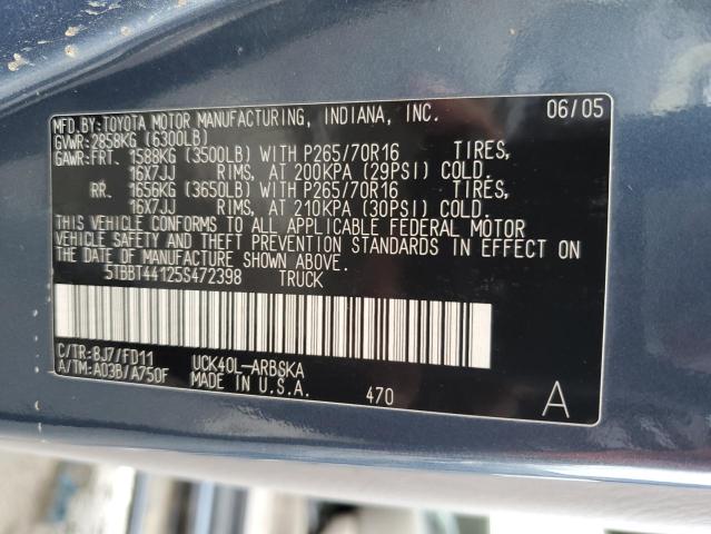 5TBBT44125S472398 - 2005 TOYOTA TUNDRA ACCESS CAB SR5 BLUE photo 12