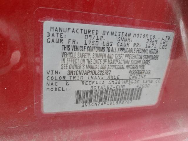 3N1CN7AP1DL822787 - 2013 NISSAN VERSA S RED photo 12