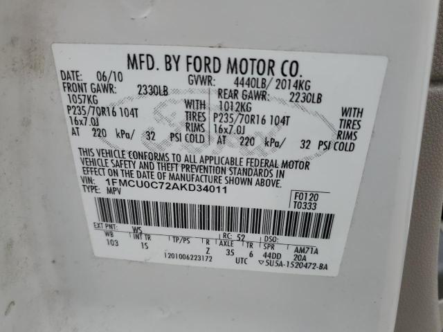 1FMCU0C72AKD34011 - 2010 FORD ESCAPE XLS WHITE photo 12