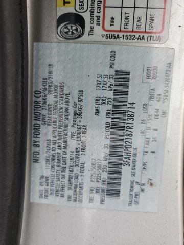 3FAHP02187R138714 - 2007 FORD FUSION SEL SILVER photo 12