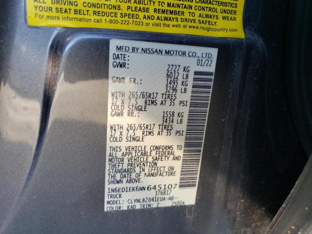 1N6ED1EK6NN645107 - 2022 NISSAN FRONTIER S GRAY photo 12