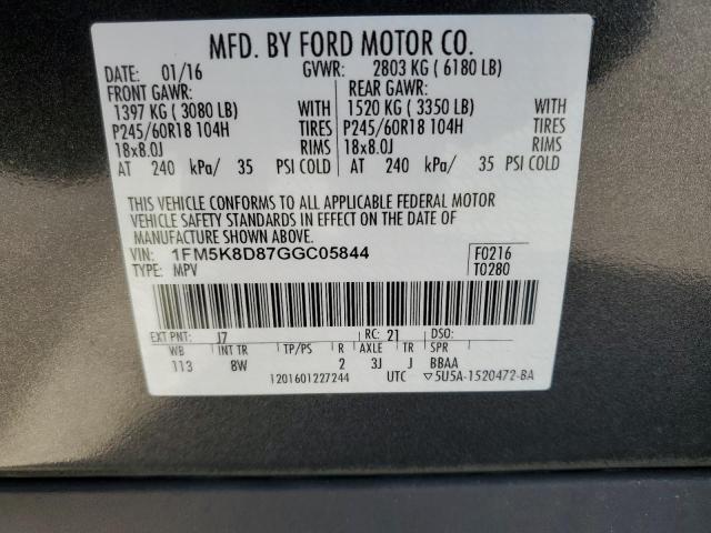 1FM5K8D87GGC05844 - 2016 FORD EXPLORER XLT GRAY photo 14