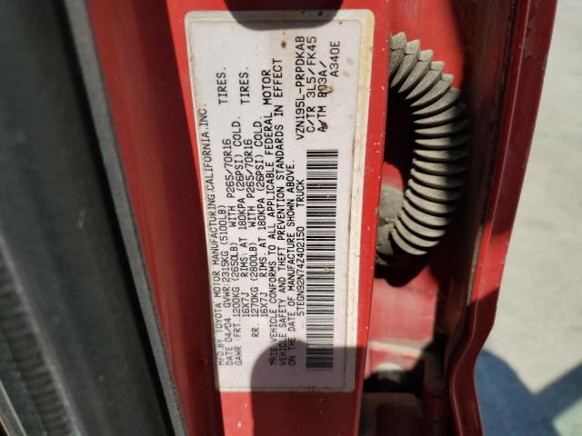 5TEGN92N74Z402150 - 2004 TOYOTA TACOMA DOUBLE CAB PRERUNNER RED photo 12