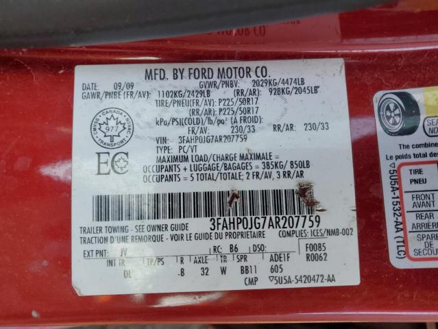 3FAHP0JG7AR207759 - 2010 FORD FUSION SEL RED photo 12