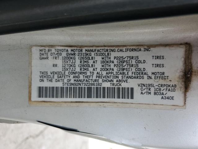 5TESN92N73Z286182 - 2003 TOYOTA TACOMA XTRACAB PRERUNNER ვერცხლისფერი ფოტო 12