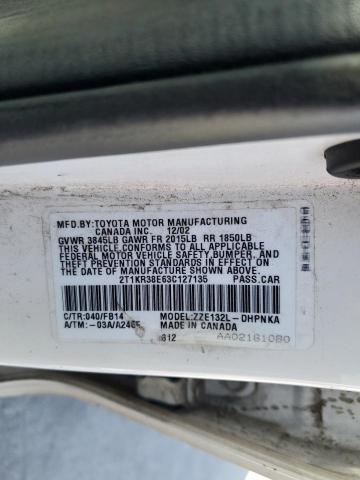 2T1KR38E63C127135 - 2003 TOYOTA COROLLA MA XR WHITE photo 12
