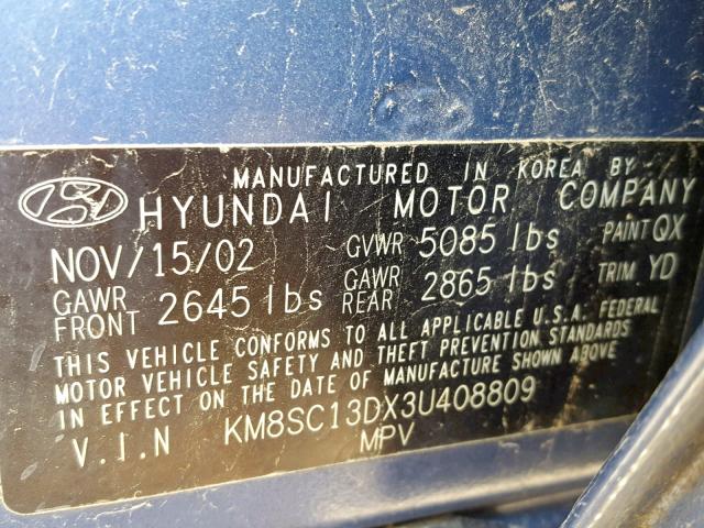 KM8SC13DX3U408809 - 2003 HYUNDAI SANTA FE GLS  photo 10