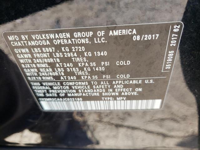 1V2MR2CA9JC522180 - 2018 VOLKSWAGEN ATLAS SEL BLACK photo 10