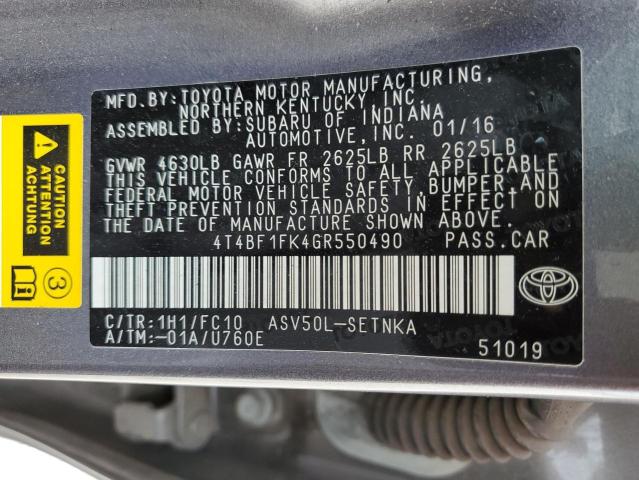 4T4BF1FK4GR550490 - 2016 TOYOTA CAMRY LE GRAY photo 12