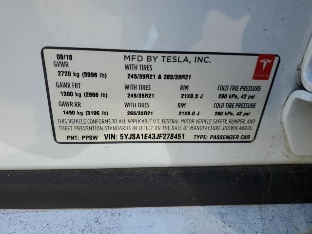 5YJSA1E43JF278451 - 2018 TESLA MODEL S 白色 照片 12