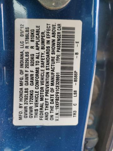 19XFB2F91CE328691 - 2012 HONDA CIVIC EXL ლურჯი ფოტო 12