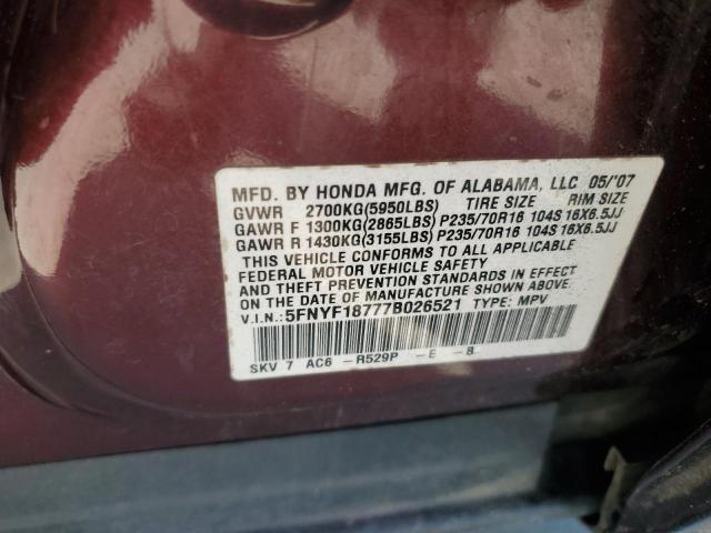 5FNYF18777B026521 - 2007 HONDA PILOT EXL BLACK photo 13