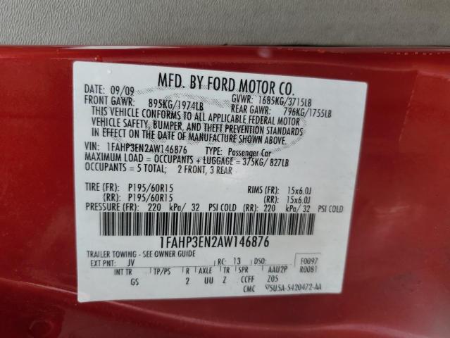 1FAHP3EN2AW146876 - 2010 FORD FOCUS S RED photo 12