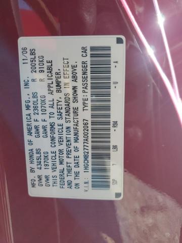 1HGCM82777A002067 - 2007 HONDA ACCORD EX RED photo 12