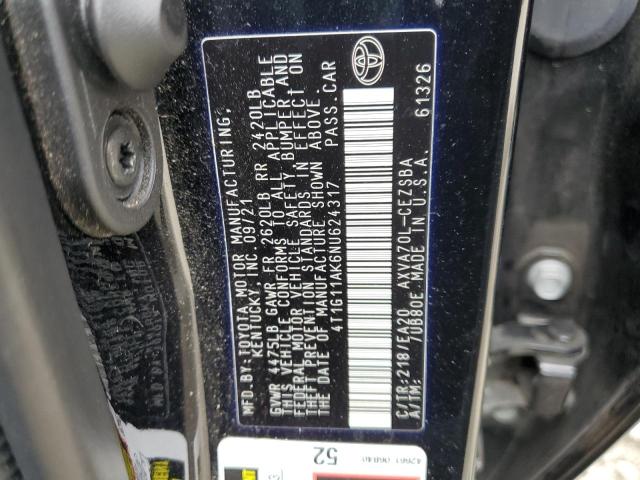 4T1G11AK6NU624317 - 2022 TOYOTA CAMRY SE BLACK photo 12