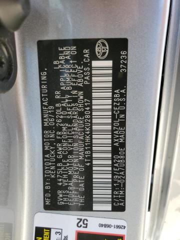 4T1B11HK4KU280417 - 2019 TOYOTA CAMRY L SILVER photo 13