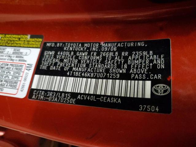 4T1BE46K87U071259 - 2007 TOYOTA CAMRY CE RED photo 12