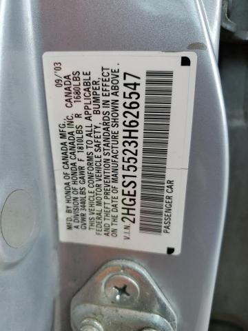 2HGES15523H626547 - 2003 HONDA CIVIC LX SILVER photo 12