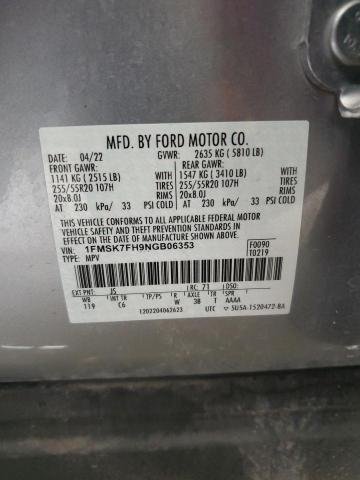 1FMSK7FH9NGB06353 - 2022 FORD EXPLORER LIMITED SILVER photo 14