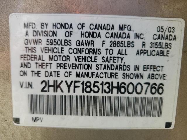 2HKYF18513H600766 - 2003 HONDA PILOT EXL TAN photo 13