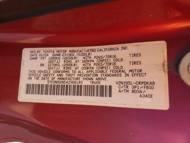 5TESN92N54Z366145 - 2004 TOYOTA TACOMA XTRACAB PRERUNNER წითელი ფოტო 12