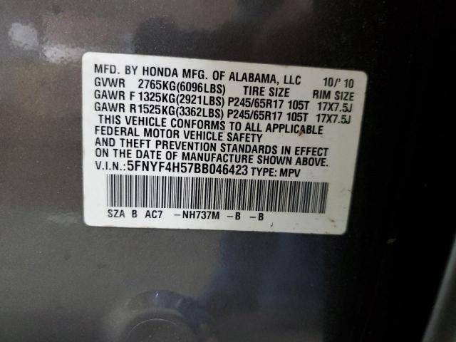 5FNYF4H57BB046423 - 2011 HONDA PILOT EXL GRAY photo 13